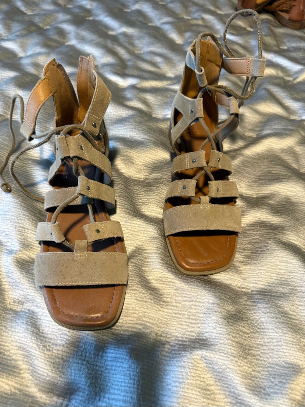 Women's Taupe Suede Strappy Lace-Up Sandals